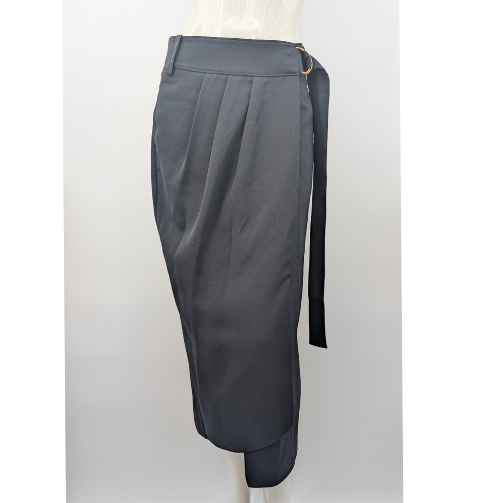 Tibi Navy Pleated Wrap Midi Skirt D Ring Belt Asymmetric Utility Minimalist Sz4
